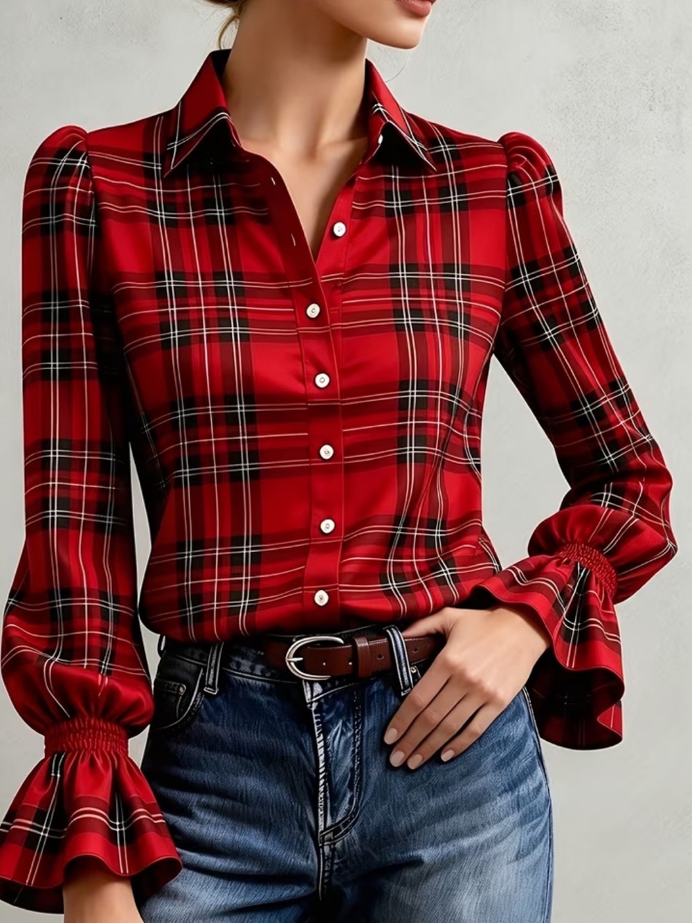 Women's Red Solid Blouse - Casual Versatile, Relaxed Fit Silhouette, Perfect - Picture 2 of 7